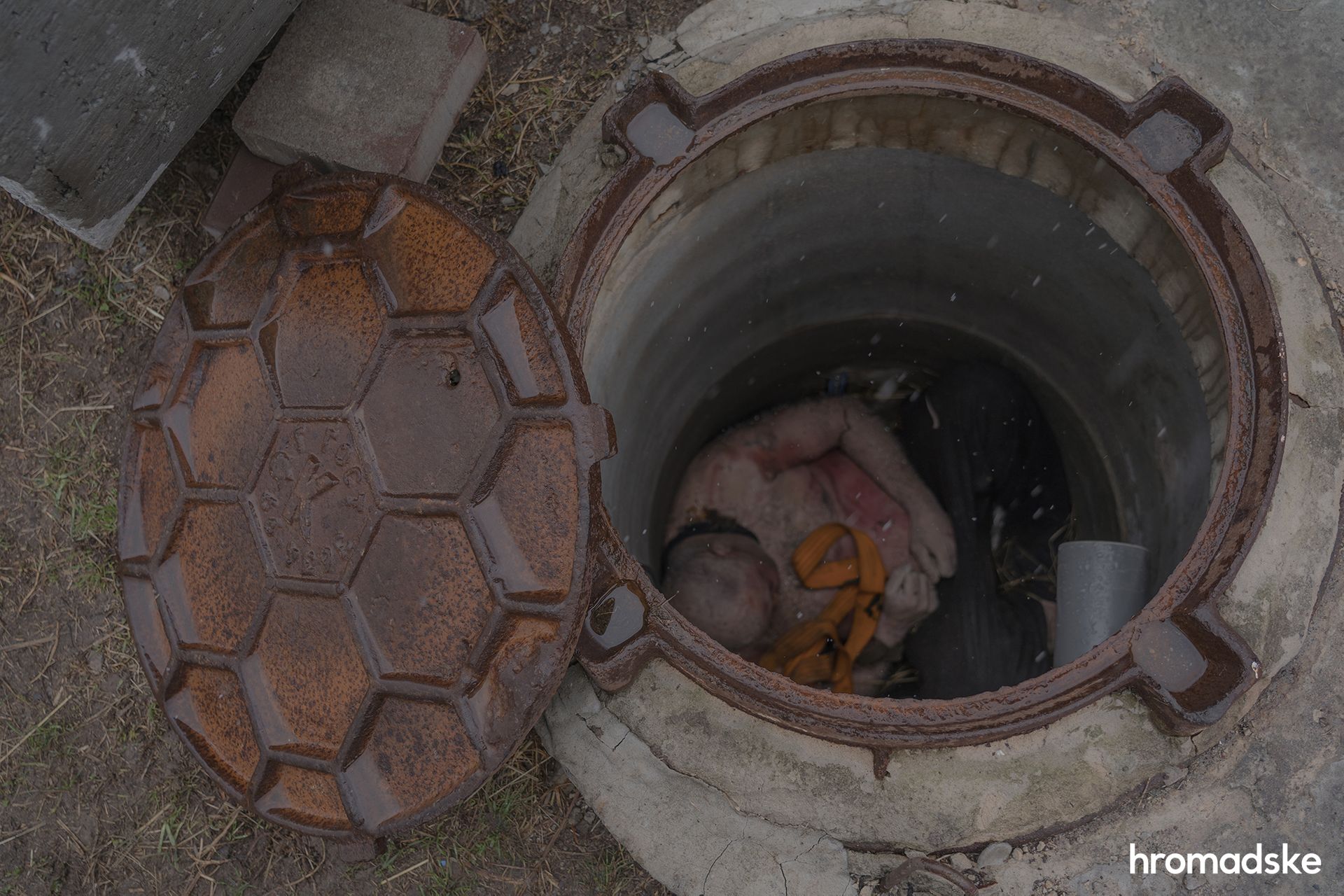 каналізаційна труба у Мотижині, де російські військові тримали полонених і де знайшли вбитого цивільного